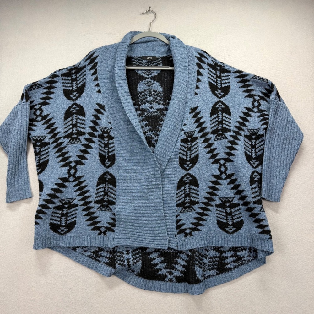 Very J Cardigan Sweater Womens Large Blue‎ Black Aztec Open Front Tribal Boho